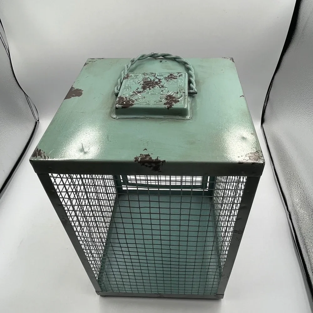 HomeGoods Decorative Lantern Teal Large Farmhouse Metal Mesh 12 x 7.5 x 7.5 Inch